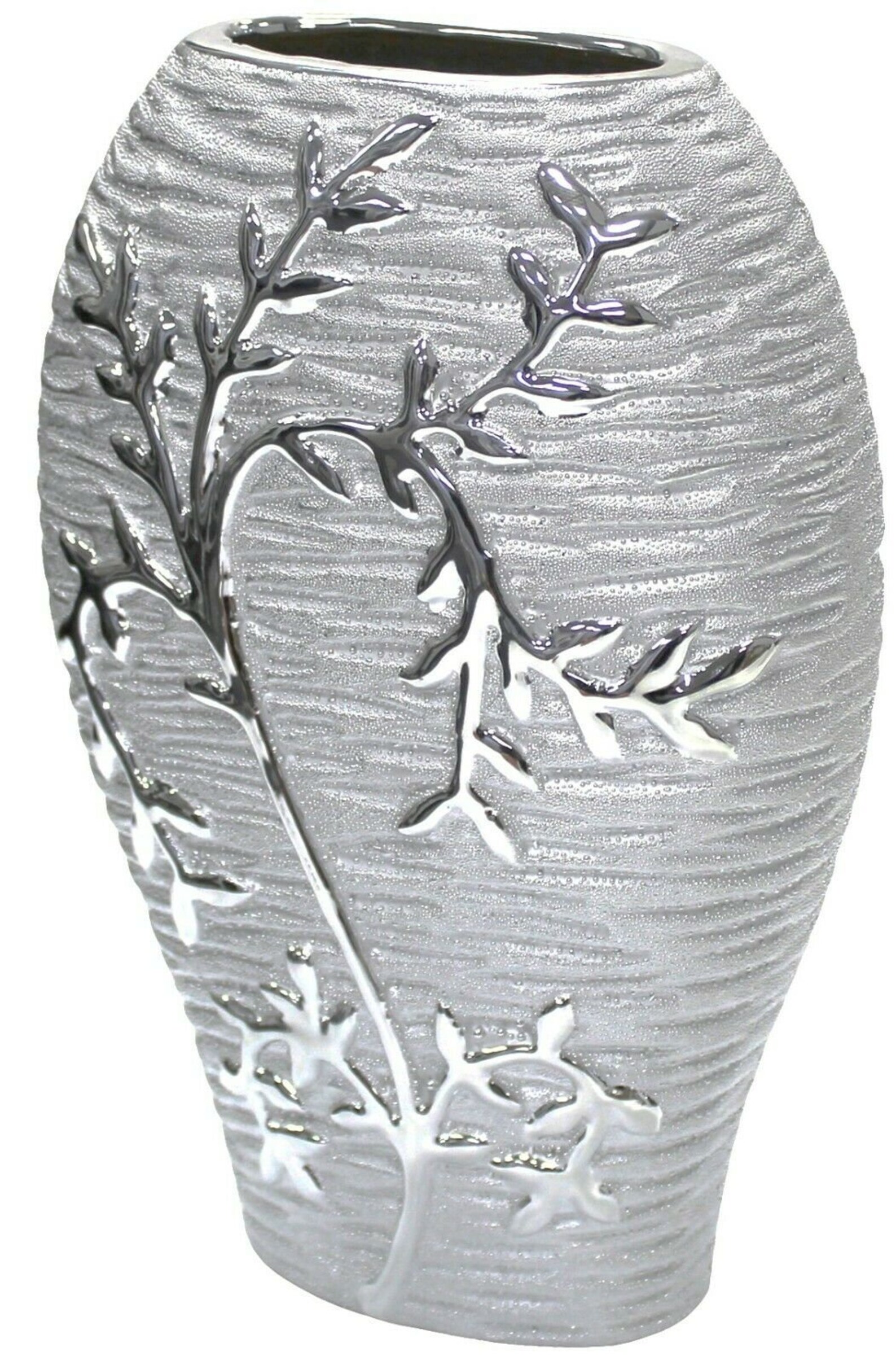 26cm Tall Silver Ceramic Vase Textured Floral Design Wide Oval Etsy