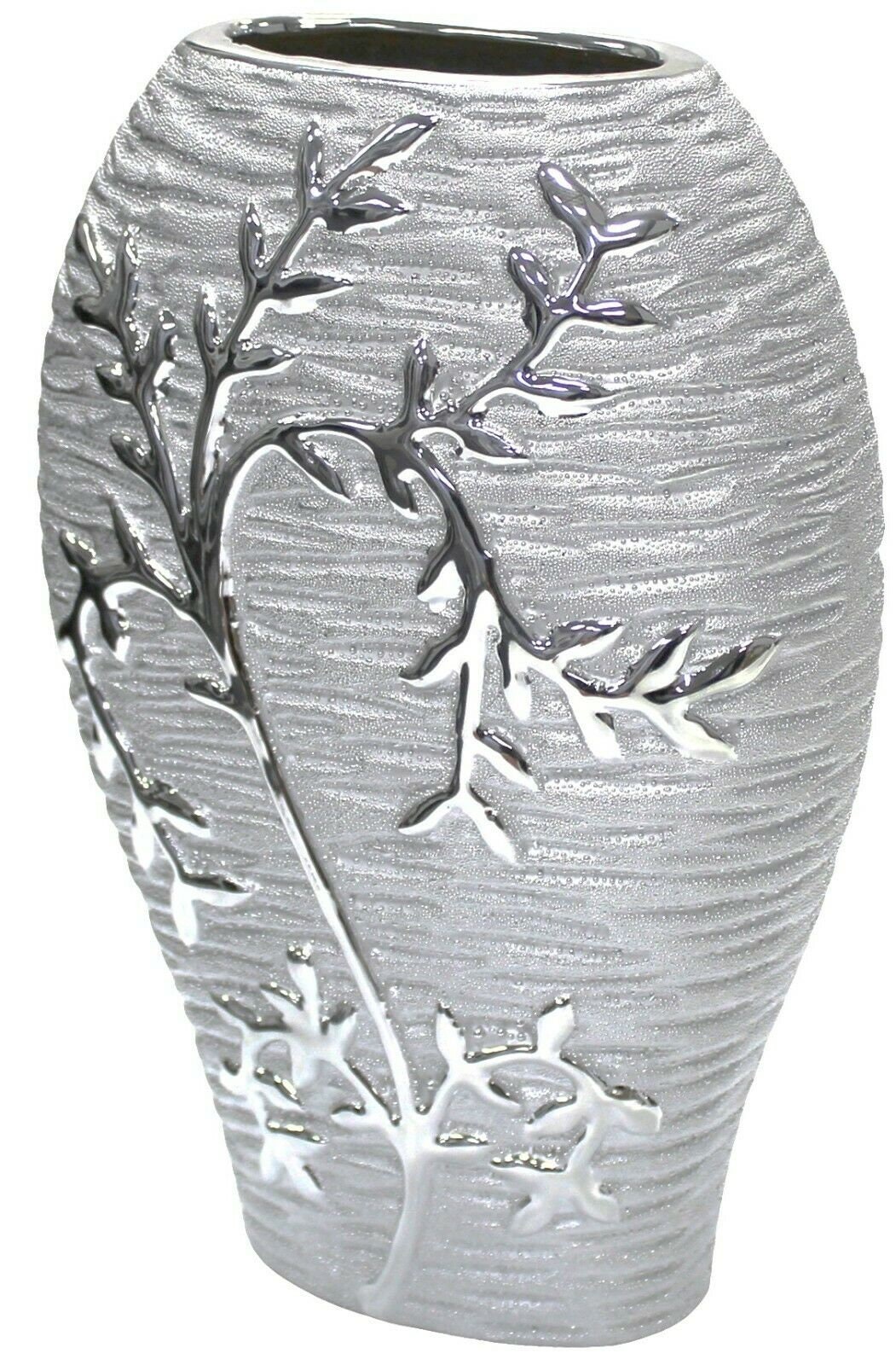 26cm Tall Silver Ceramic Vase Textured Floral Design Wide Oval Etsy