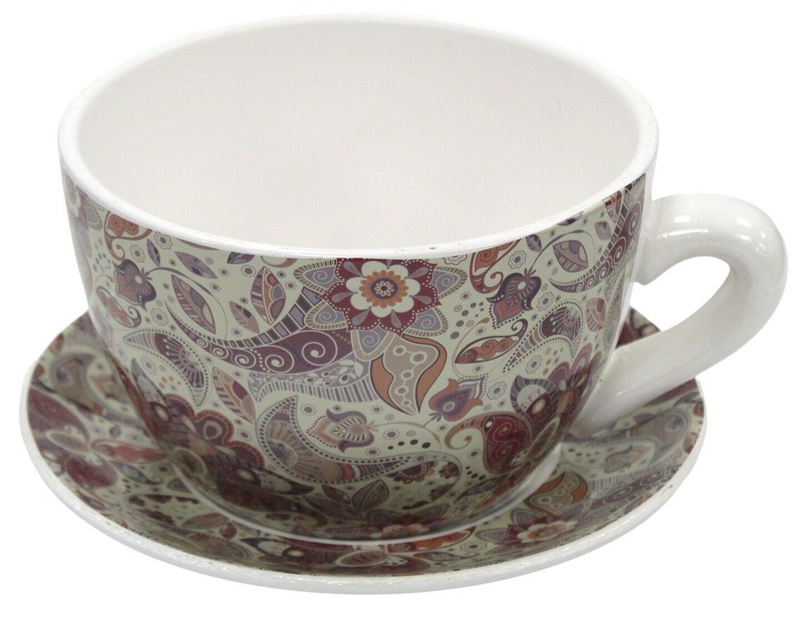 Giant Tea Cup And Saucer Planter Floral Paisley Planter 20cm Etsy