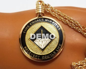 NA Recovery Medallion Holder Necklace, Gold-Plated Black Enamel (2-Sided)