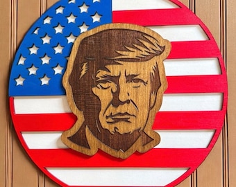 Make America Great Again Donald Trump MAGA american flag patriotic gift for christmas 47 rustic decor USA 4th of July round wall sign