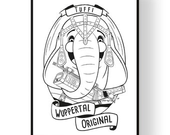 Kunstdruck/Plakat Wuppertal Schwebebahn & Tuffi der Elefant schwarz weiss - A4 - Wuppertal Original