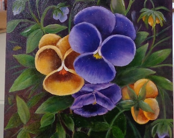 Pansy oil painting.  Small painting.  Purple and yellow pansy art