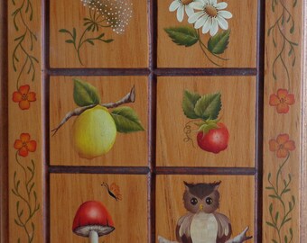 Wall art. Decorative painting.  Oil painting on wood plaque.  Six small designs on plaque.