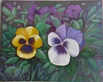 Perky Pansies painting.  Oil painting on 8X10 canvas panel.  Floral painting.