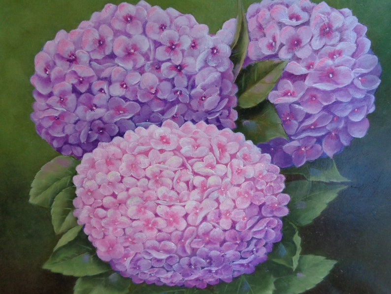 Hydrangea oil painting done on wood panel.