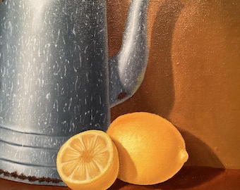 Oil still life painting of lemons with blue metal coffee pot.