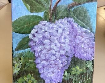 Wall art, small painting of purple lilacs.  Oil on canvas board.