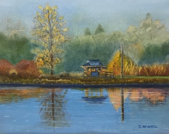 Fern Hill Lake, original oil painting.  8X10 inch oil painting of lake with blue haze and reflections.