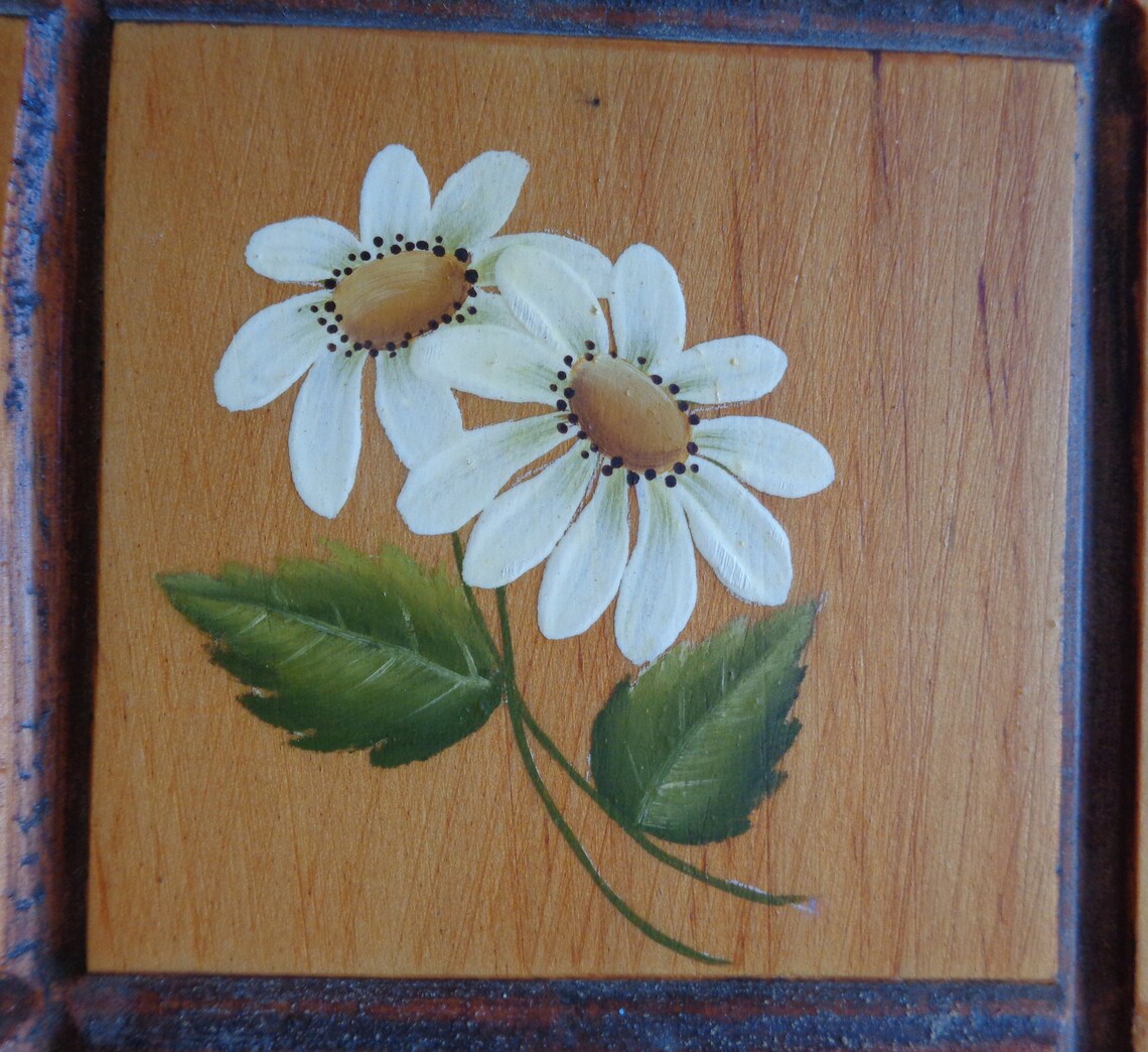 Vintage Decorative Painting. Oil Painting on Wood Plaque. Six Small