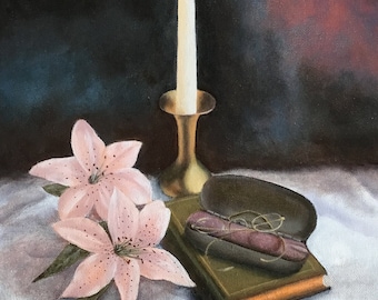 Original oil painting.  “Grandma’s Glasses,” an 11 by 14 inch painting on stretched canvas.
