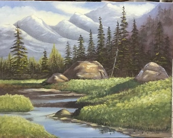 Mountain forest scene painting.  A 14 by 18 landscape oil painting.