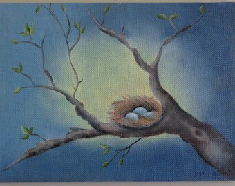 Nest with eggs painting.  Small oil painting.  6X8 inches.