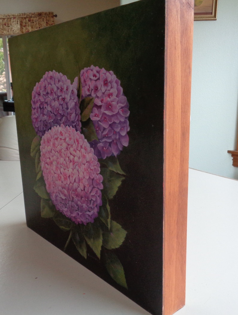 Hydrangea oil painting done on wood panel.