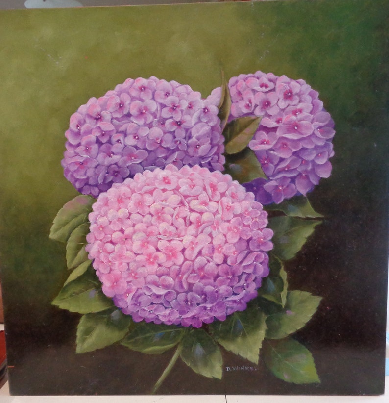 Hydrangea oil painting done on wood panel.