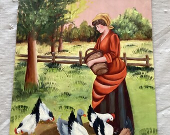 Feeding time.  Vintage oil painting on thin wood panel.