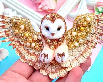 Barn owl broach, embroidered crystal beads brooch, bird lover gift, handmade brooch, owl jewelry, owl gifts for women, ukrainian jewelry