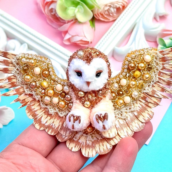 Barn owl broach, embroidered crystal beads brooch, bird lover gift, handmade brooch, owl jewelry, owl gifts for women, ukrainian jewelry