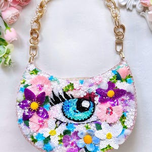 Mini bolso de mujer bordado con diseño anti-mal de ojo, flores bordadas a mano, mini bolso con flores de verano