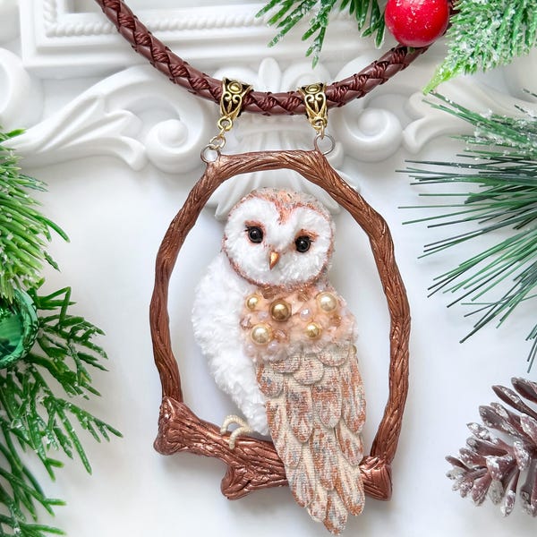 Handmade Embroidered Barn Owl Necklace, Beaded Crystal Pendant
