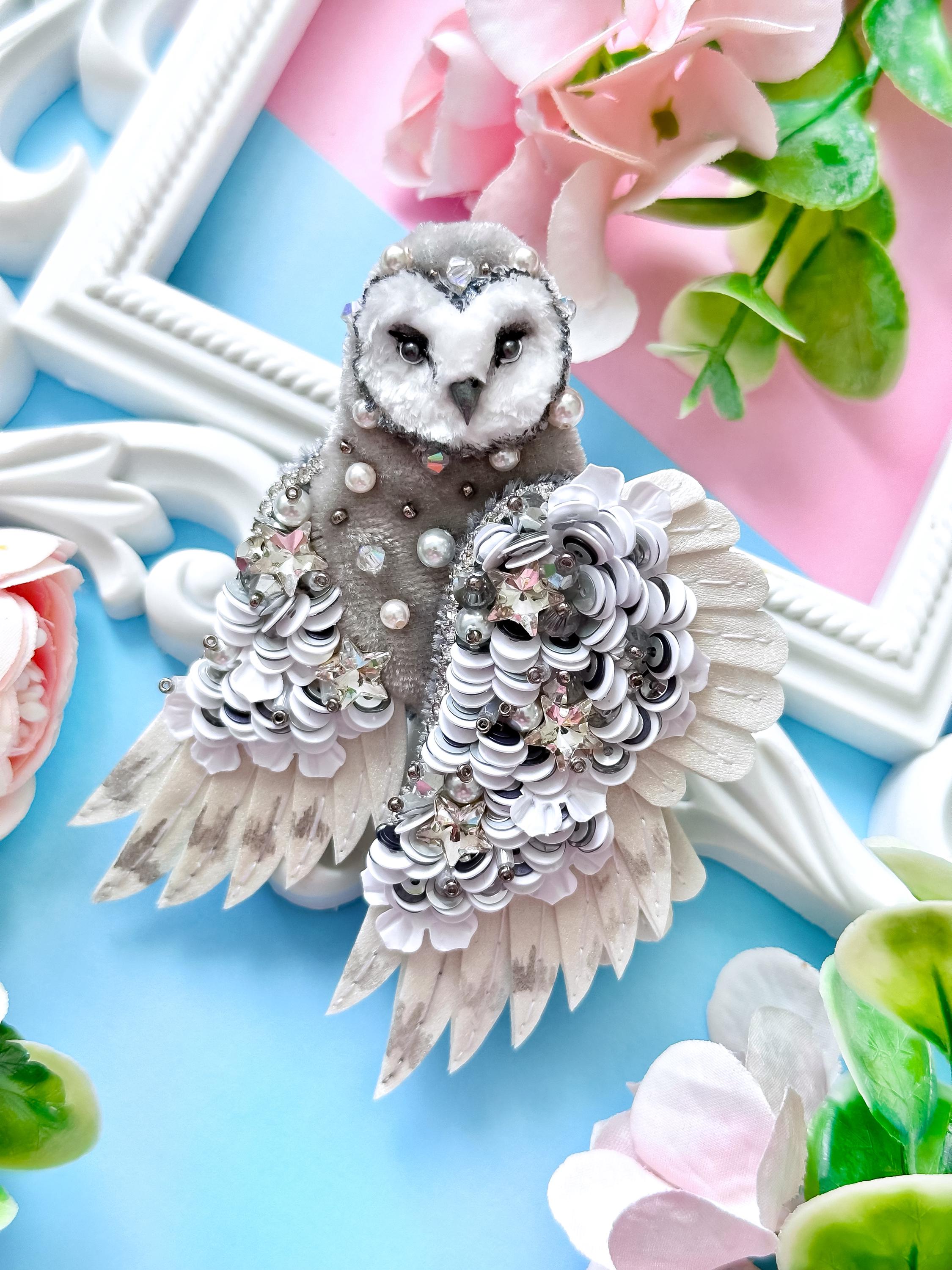 Handmade Barn Owl Brooch, Embroidered Crystal Bird Pin