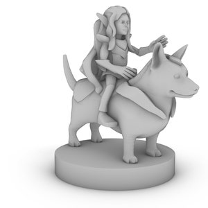 May include: A gray figurine of an elf riding a dog. The elf is wearing a tunic and leggings. The dog has a saddle and a collar. The figurine is on a round base.