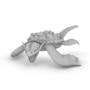 May include: A gray 3D model of a turtle with a dragon head, with its mouth open and claws extended.
