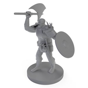 May include: A gray plastic miniature figurine of a warrior holding an axe and a shield. The warrior is wearing armor and a belt with a sword.