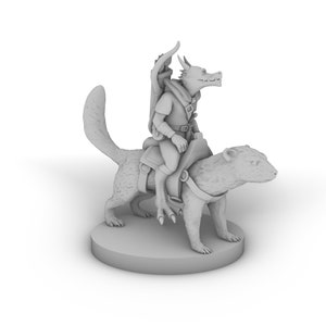 May include: A gray miniature figurine of a dragon-like creature riding a weasel-like creature. The dragon-like creature is wearing a tunic and has a quiver of arrows on its back. The weasel-like creature is wearing a saddle and has a bridle.