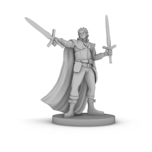 May include: A gray figurine of a character holding two swords, with a cape and belt. The figure is standing on a round base. The character is wearing boots and a tunic. The figurine is a fantasy-themed item.