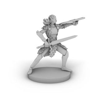 May include: A gray miniature figurine of a female warrior wearing armor and holding a sword and shield. The figurine is standing on a round base.