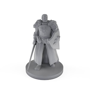 May include: A gray plastic miniature figurine of a knight wearing armor and holding a sword and shield. The knight is standing on a round base.
