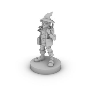 May include: A gray 3D printed miniature of a wizard wearing a pointed hat, glasses, and carrying a backpack. The miniature is standing on a round base.