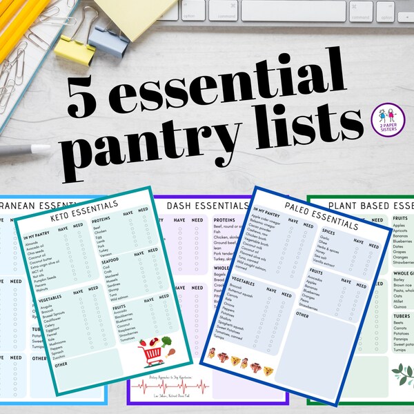 Pantry Essential Lists, Mediterranean Diet, Plant Based Diet, Paleo Diet, Keto Diet, Dash Diet, Meal Planning, INSTANT DOWNLOAD