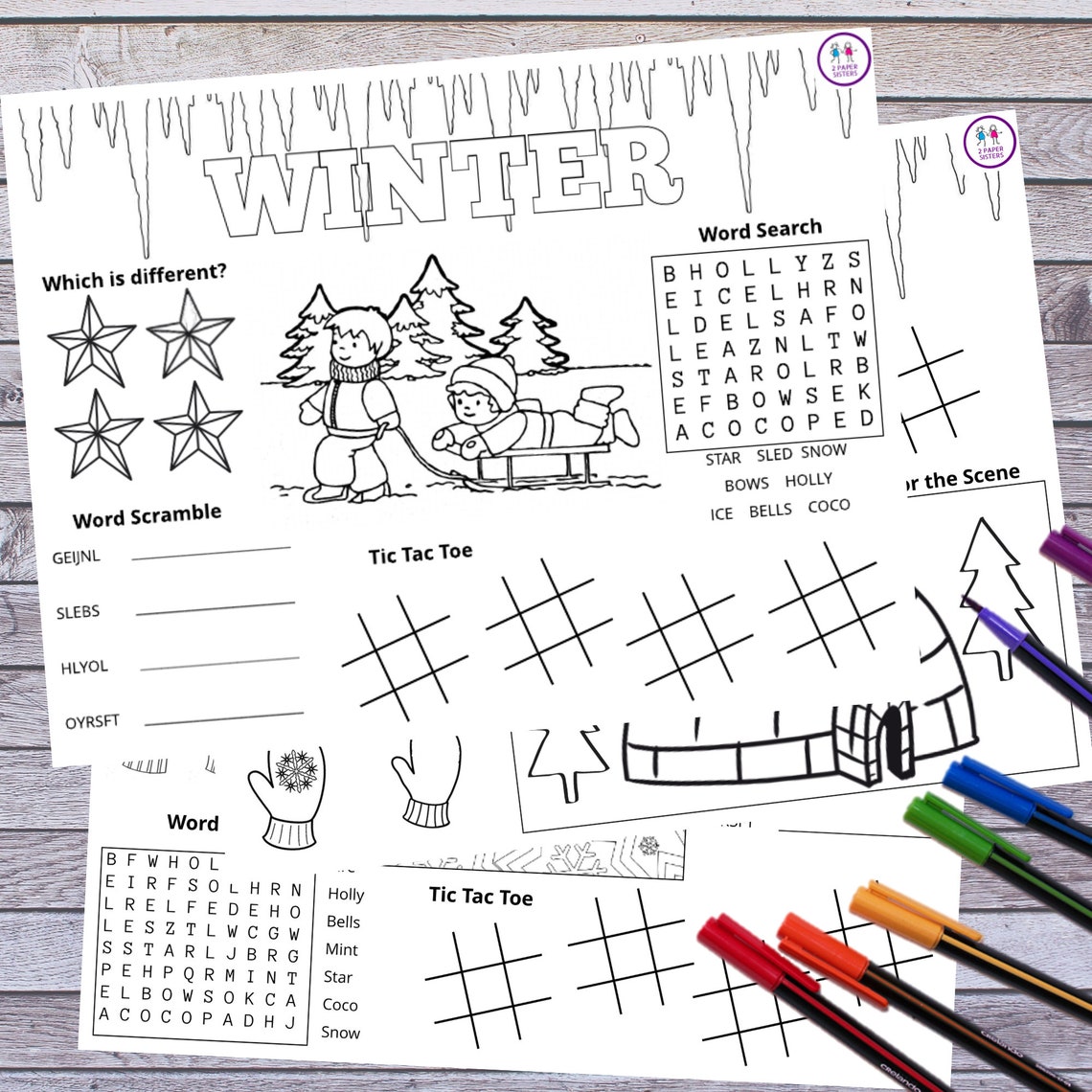 3 Winter Activity Placemats, Kids Coloring Pages, Children Coloring