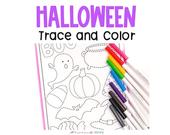 May include: A black and white printable Halloween trace and color activity sheet with images of a ghost, pumpkin, cauldron, bat, witch hat, and spider web. The sheet is surrounded by a pink border and the words "HALLOWEEN Trace and Color" are written in purple at the top.