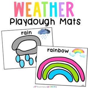 Op de afbeelding: Twee printbare playdough-matten met weersmotieven. De eerste mat toont een grijze wolk met regendruppels en het woord "regen". De tweede mat toont een regenboog en het woord "regenboog".