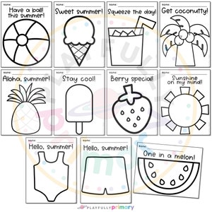 May include: Black and white line drawings of summer-themed items on white cards. Images include a beach ball, ice cream cone, drink, coconut tree, pineapple, popsicle, strawberry, sun, swimsuit, shorts, and watermelon slice. Text includes summer greetings.