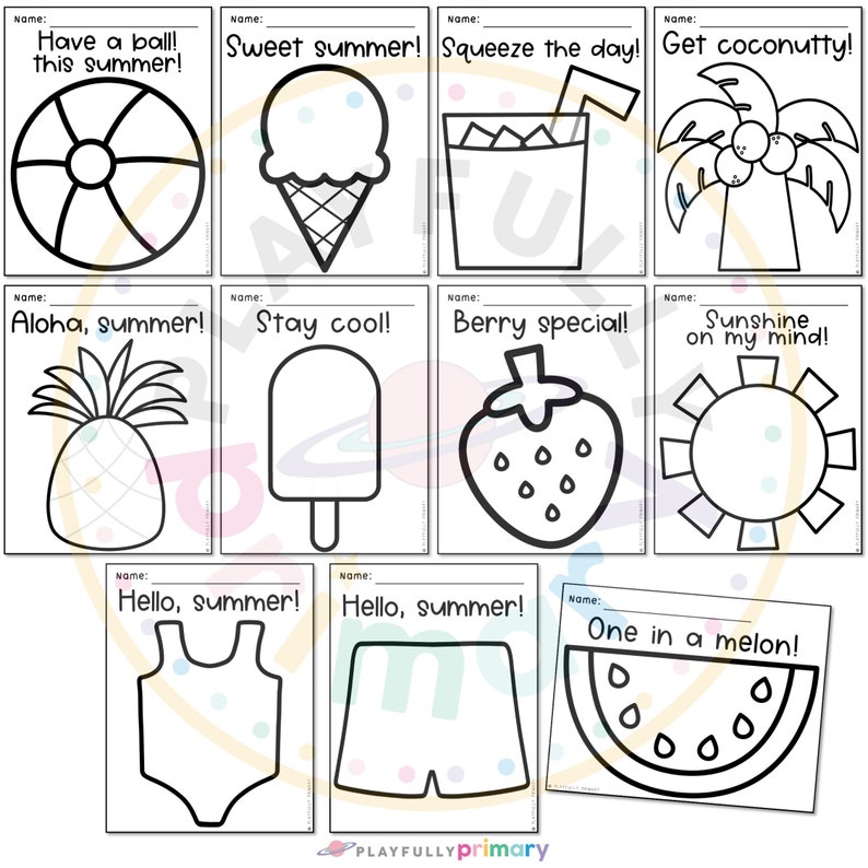May include: Black and white line drawings of summer-themed items on white cards. Images include a beach ball, ice cream cone, drink, coconut tree, pineapple, popsicle, strawberry, sun, swimsuit, shorts, and watermelon slice. Text includes summer greetings.