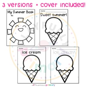 May include: A set of four black and white summer-themed activity book covers. The covers feature a smiling sun, an ice cream cone, and the text "My Summer Book", "Sweet summer!", and "ice cream". The phrase "3 versions + cover included!" is at the top.