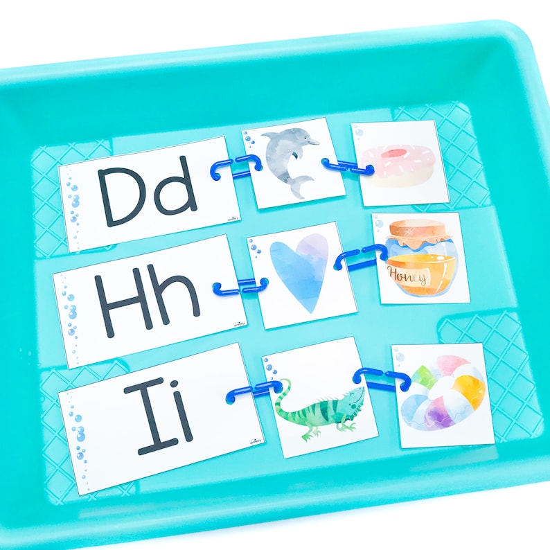 Op de afbeelding: Een blauwe plastic bak met verschillende kaarten met letters en afbeeldingen. De letters zijn D, H en I. De afbeeldingen omvatten een dolfijn, een hart, een pot honing, een donut, een hagedis en een strandbal.