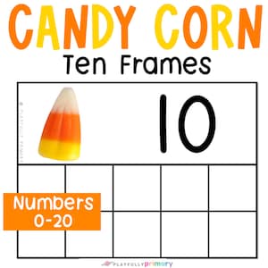 Peut inclure: Un cadre de dix imprimable avec une image de maïs sucré et le nombre 10. Le cadre de dix a 10 cases. Le texte "Candy Corn Ten Frames" est en haut de l'image. Le texte "Numbers 0-20" est dans un rectangle jaune en bas de l'image.