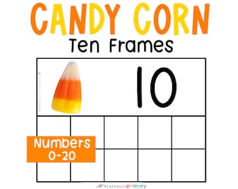Könnte beinhalten: Ein druckbarer Zehnerrahmen mit einem Bild von Maisbonbons und der Zahl 10. Der Zehnerrahmen hat 10 Quadrate. Der Text "Candy Corn Ten Frames" befindet sich oben im Bild. Der Text "Numbers 0-20" befindet sich in einem gelben Rechteck unten im Bild.