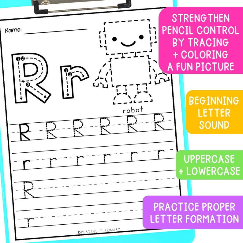 May include: A printable worksheet for practicing letter formation. The worksheet features a robot with dotted lines for tracing and coloring. The letter 'R' is shown in uppercase and lowercase with dotted lines for tracing. The worksheet also includes lines for practicing writing the letter 'R' in both uppercase and lowercase.