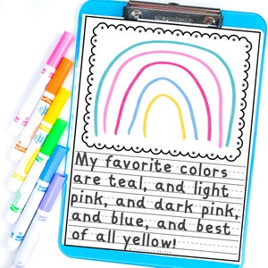 A printable worksheet with a rainbow illustration and lined paper for writing. The text on the worksheet reads: "My favorite colors are"