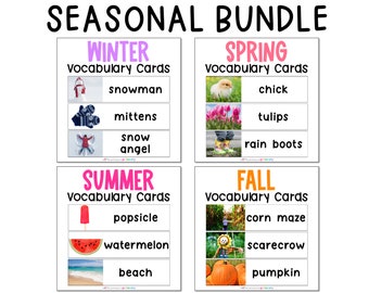 Seasonal Vocabulary Words with Pictures, Homeschool Vocabulary Flashcards, Montessori Vocabulary Picture Cards for Kindergarten + Preschool