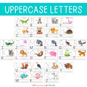 K&ouml;nnte beinhalten: Ein Satz von 26 Alphabet-&Uuml;bungskarten mit Gro&szlig;buchstaben und Tierillustrationen. Jede Karte hat eine gestrichelte Linie zum Nachzeichnen des Buchstabens und eine entsprechende Tierillustration. Die Tiere sind ein Alligator, ein Kaninchen, eine Katze, ein Hund, ein Elefant, ein Flamingo, ein Goldfisch, ein Igel, ein Leguan, eine Qualle, ein Koala, ein L&ouml;we, ein Seekuh, ein Narwal, ein Otter, ein Schwein, eine Wachtel, ein Waschb&auml;r, eine Schlange, ein Tiger, ein gestreiftes Eichh&ouml;rnchen, ein Geier, ein Wal, ein R&ouml;ntgenfisch, ein Yak, ein Zebra und ein Fuchs.