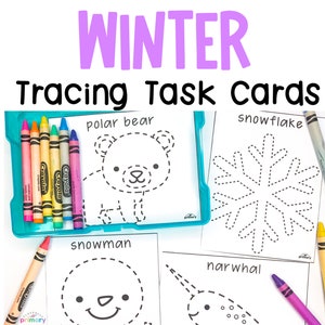 May include: Winter Tracing Task Cards featuring images of a polar bear, snowflake, snowman, and narwhal. The cards are printed on white paper and have black dashed lines for tracing. Crayola crayons are included.