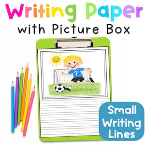 Printable first grade writing paper with a picture box and smaller primary handwriting lines, displayed on a green clipboard with colored pencils.