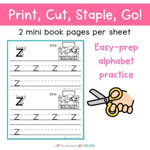Easy-prep printable alphabet mini books with two handwriting practice pages per sheet to print, cut, and staple.